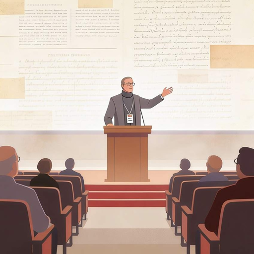 An illustration of Professor Piexoto from the Historical Notes section of The Handmaid's Tale, addressing a seated audience in a futuristic lecture hall.
